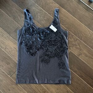 J. Crew Navy Blue Tank Top with Floral ribbon and bead Appliqué